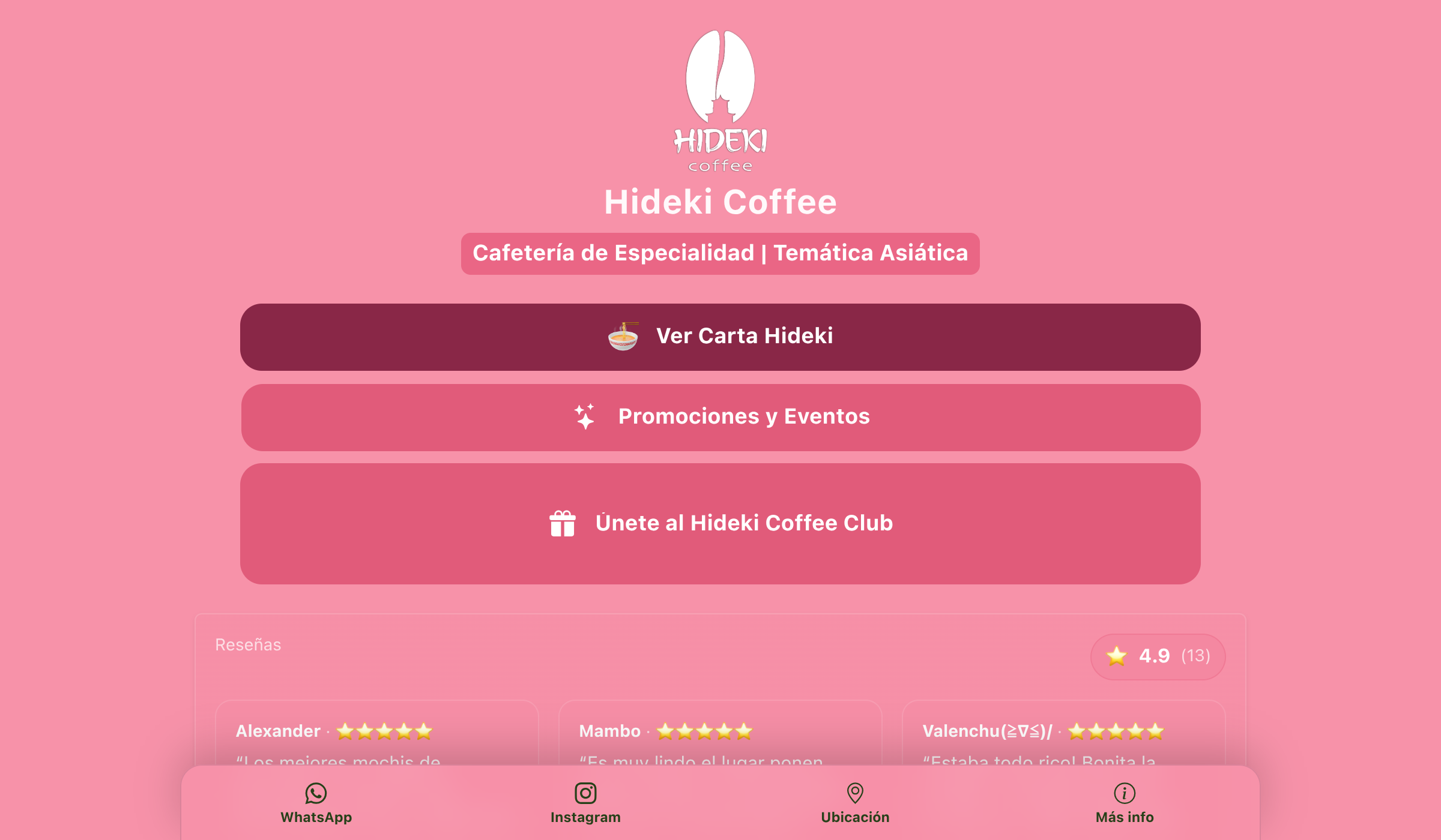 Captura de la carta digital de Hideki Coffee