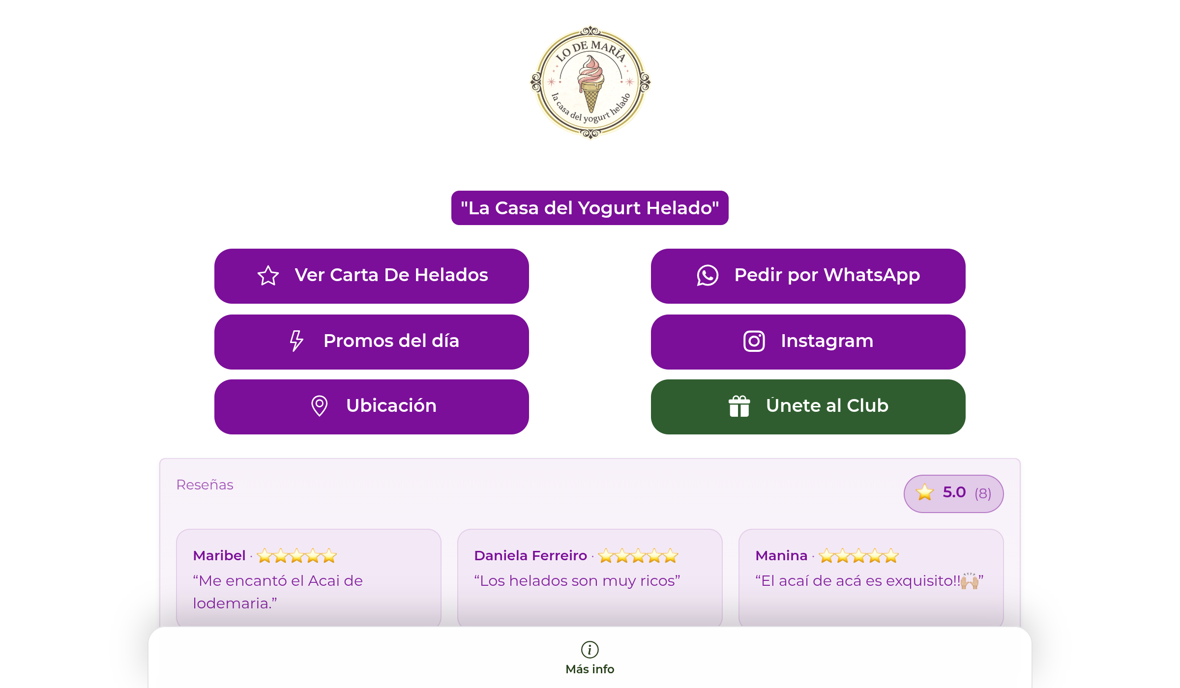 Captura de la carta digital de Lo de María Helados