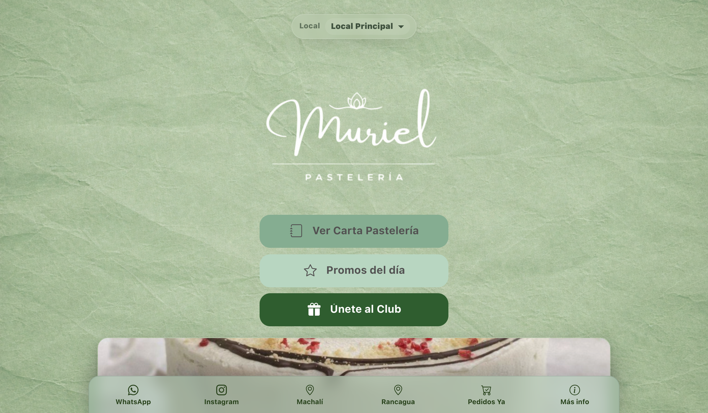 Captura de la carta digital de Muriel Pastelería