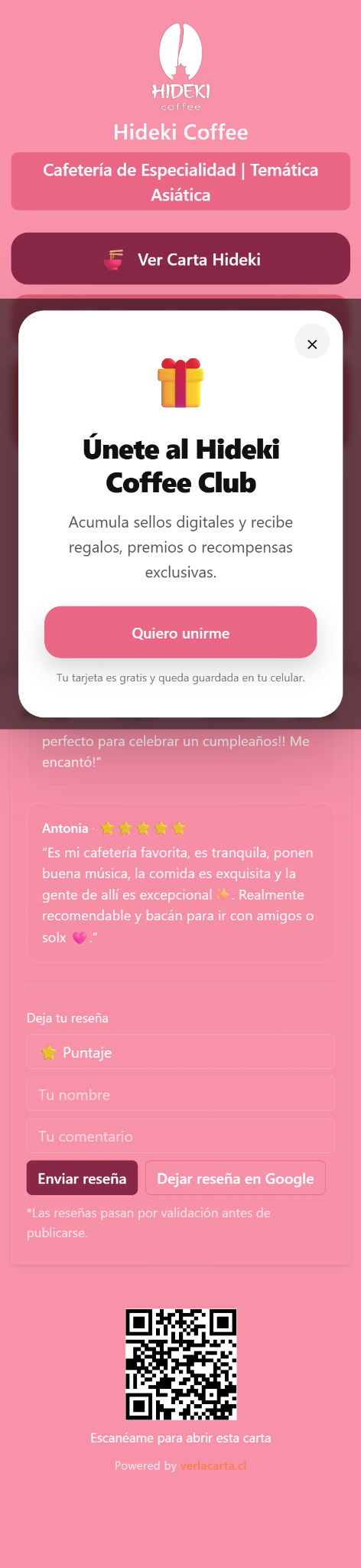 Carta digital y club de Hideki Coffee